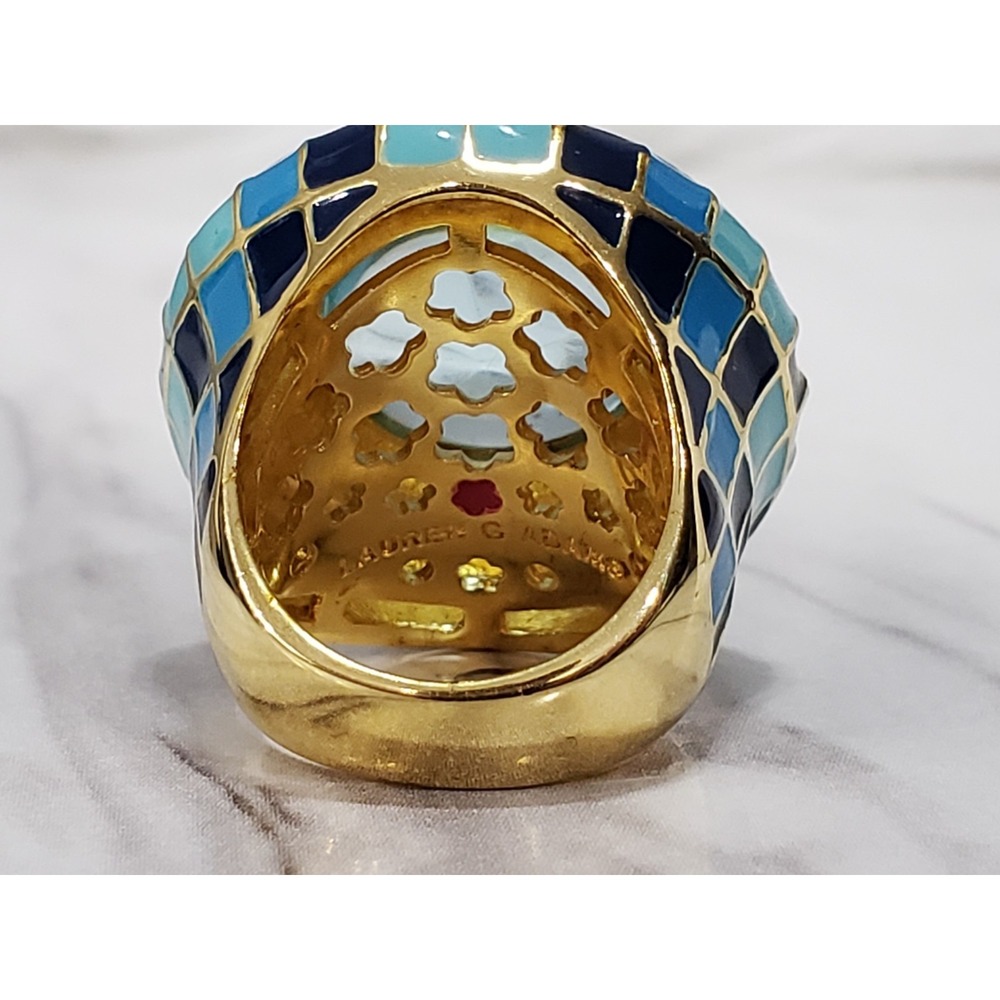 Lauren G Adams Checker blue Enamel Cocktail Ring maximalist whimsical harlequin - Picture 4 of 6